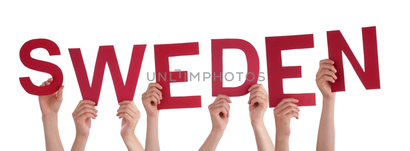People Or Persons Hands Building English Word Sweden. Isolated White Background.