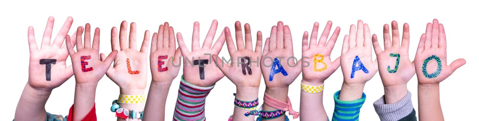 Children Hands Building Colorful Spanish Word Teletrabajo Means Teleworking. Isolated White Background.