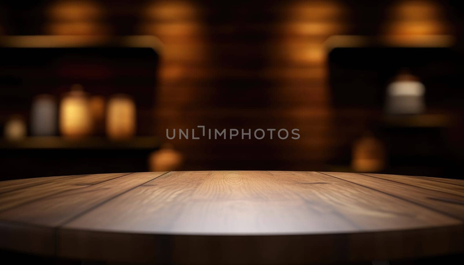 Empty table in dark trendy living room with blurred background. Generative AI.