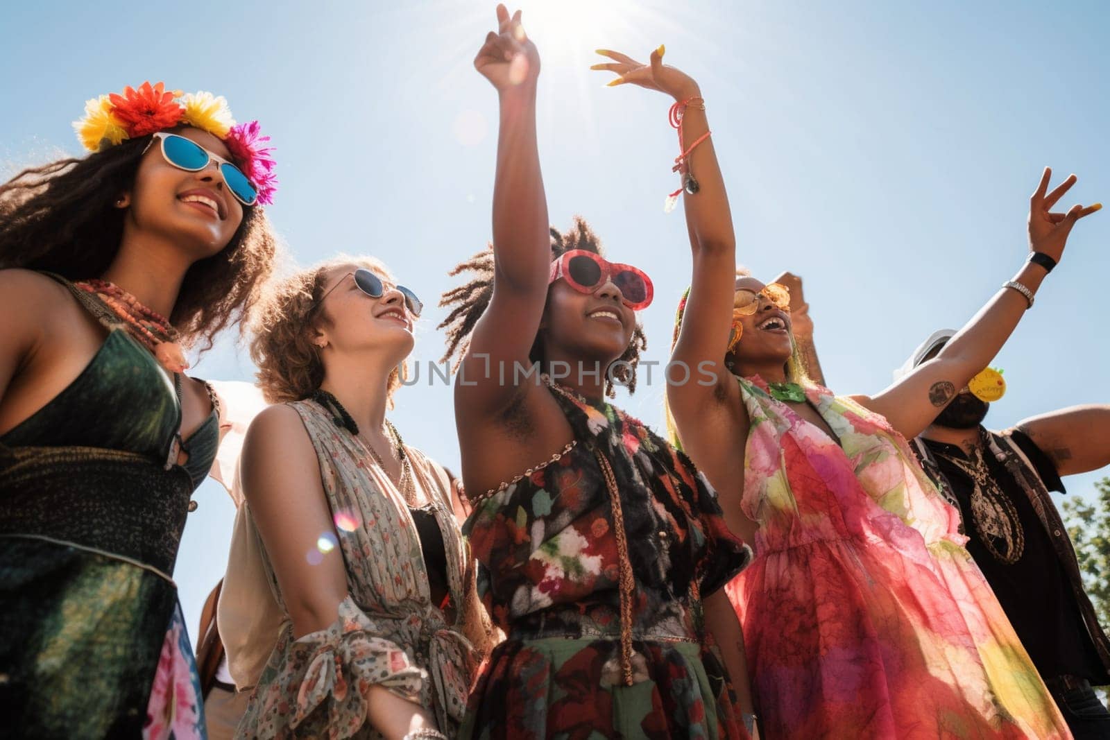 The music festival brings people together in a joyous celebration of music and life, with friends and strangers alike enjoying the sunshine and festivities under the open sky. (generative AI)