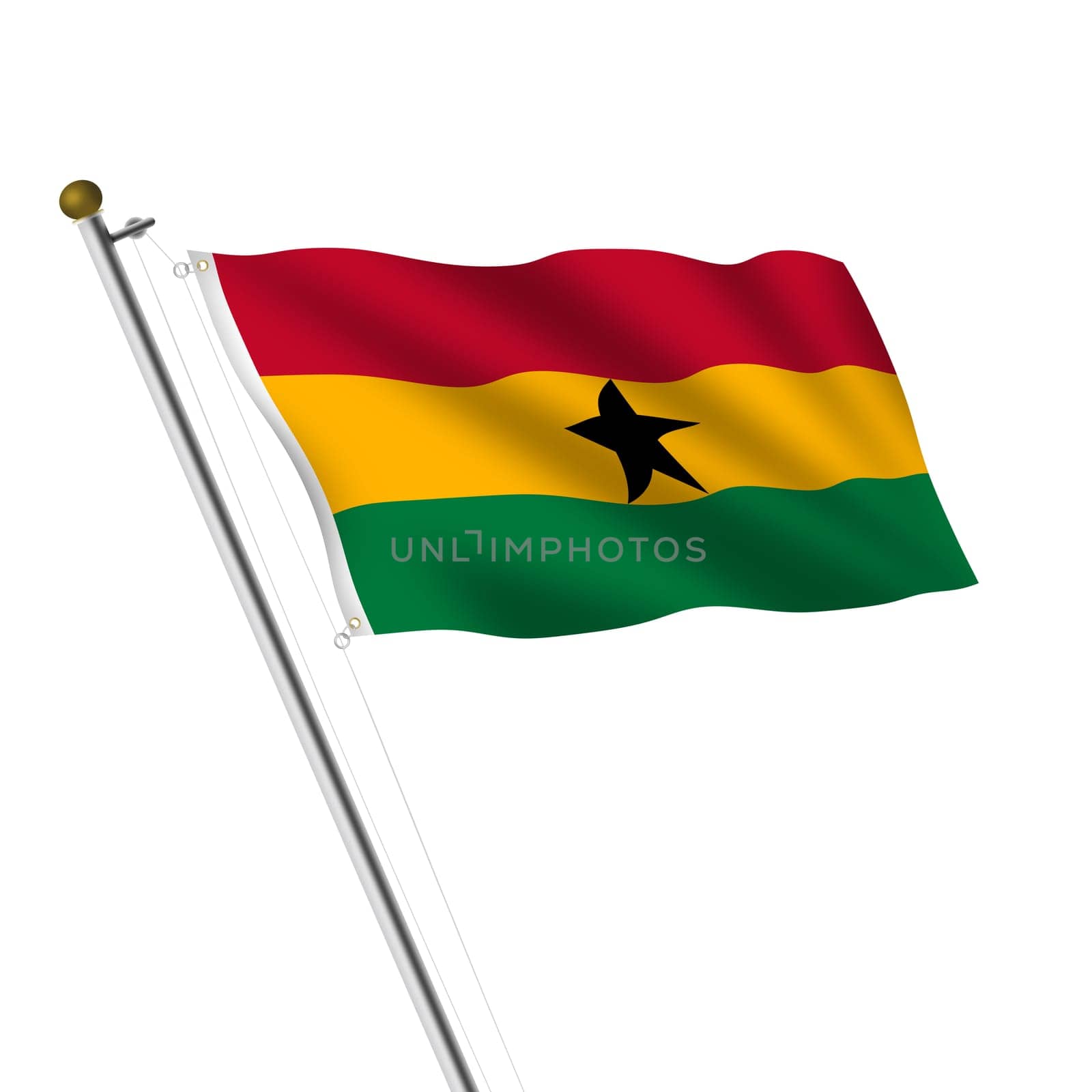 A Ghana Flagpole 3d illustration on white with clipping path