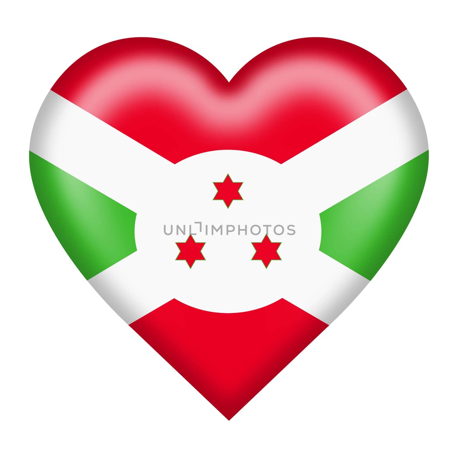 A Burundi flag heart button isolated on white with clipping path 3d illustration