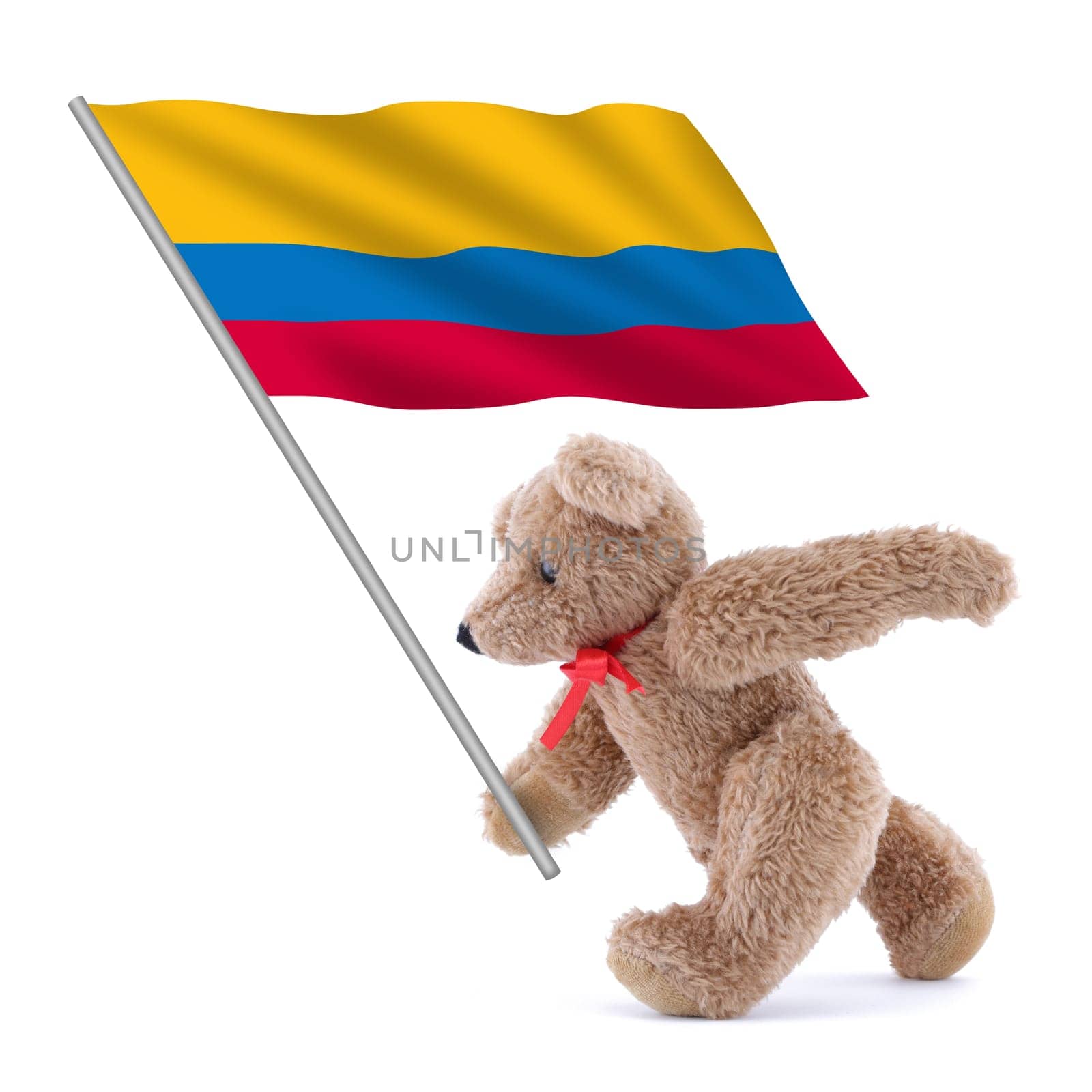 A Colombia flag being carried by a cute teddy bear