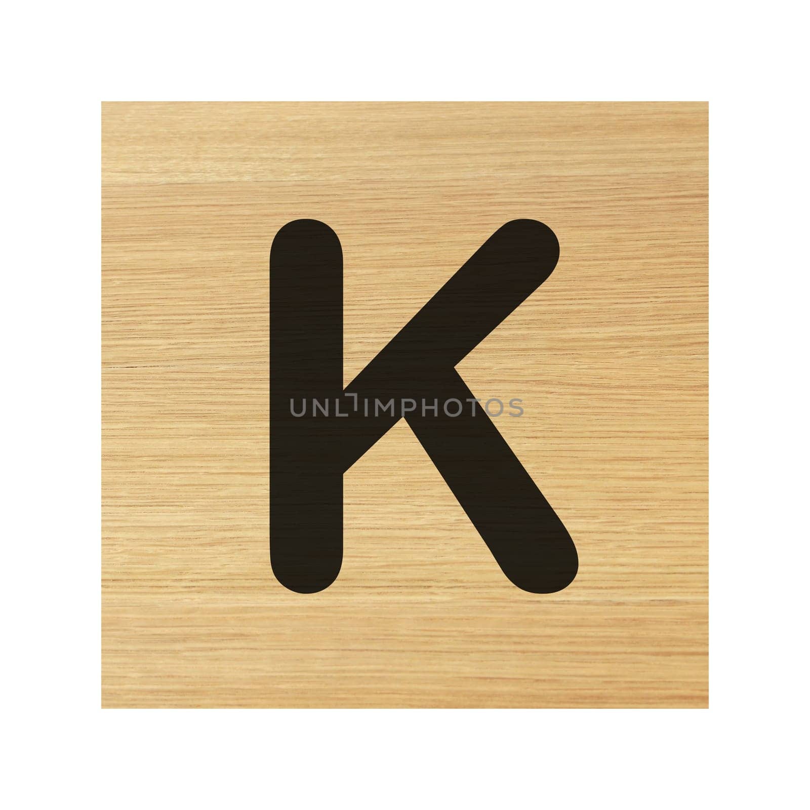 A capital K wood block on white with clipping path