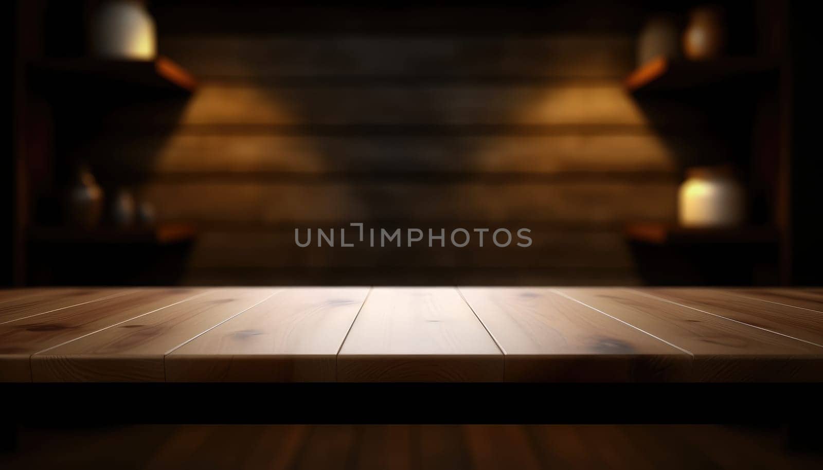 Dark rustic living room with empty table for product display. Generative AI.