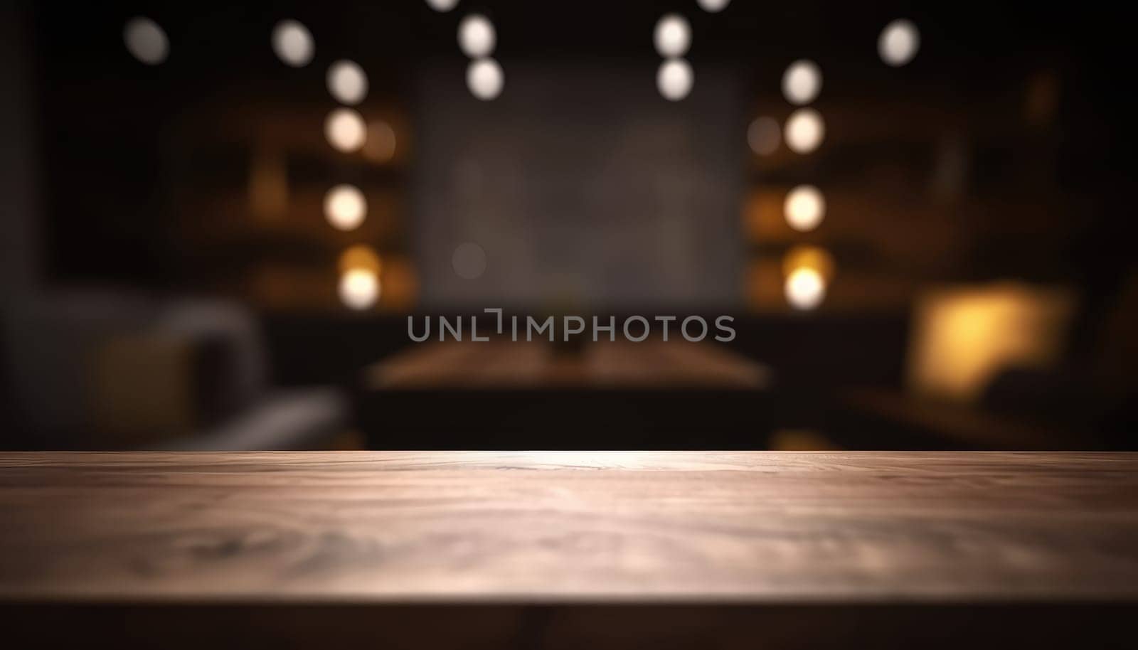 Dark rustic living room with empty table for product display. Generative AI.