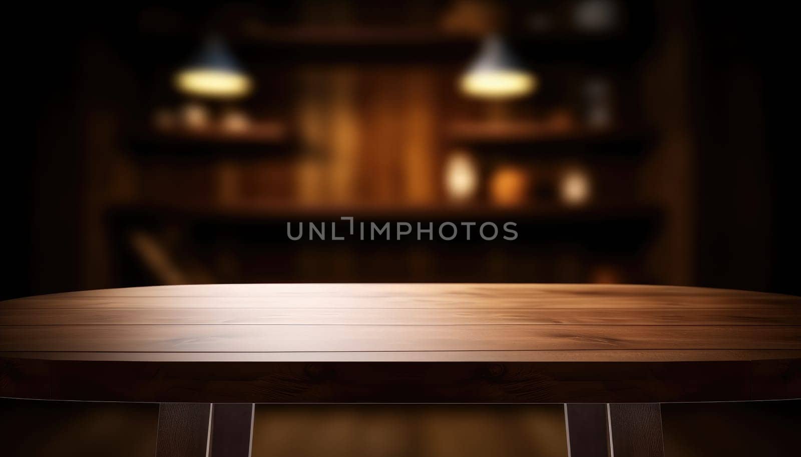 Dark rustic living room with empty table for product display. Generative AI.