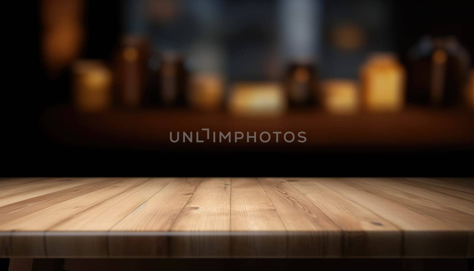 Dark rustic living room with empty table for product display. Generative AI.