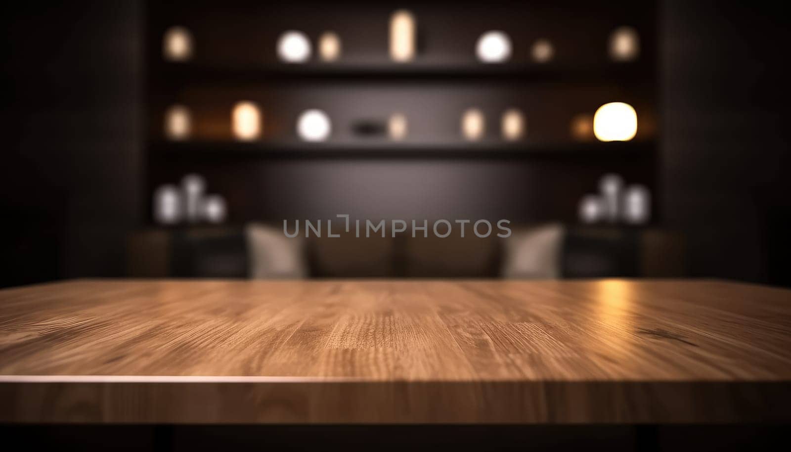 Dark rustic living room with empty table for product display. Generative AI.