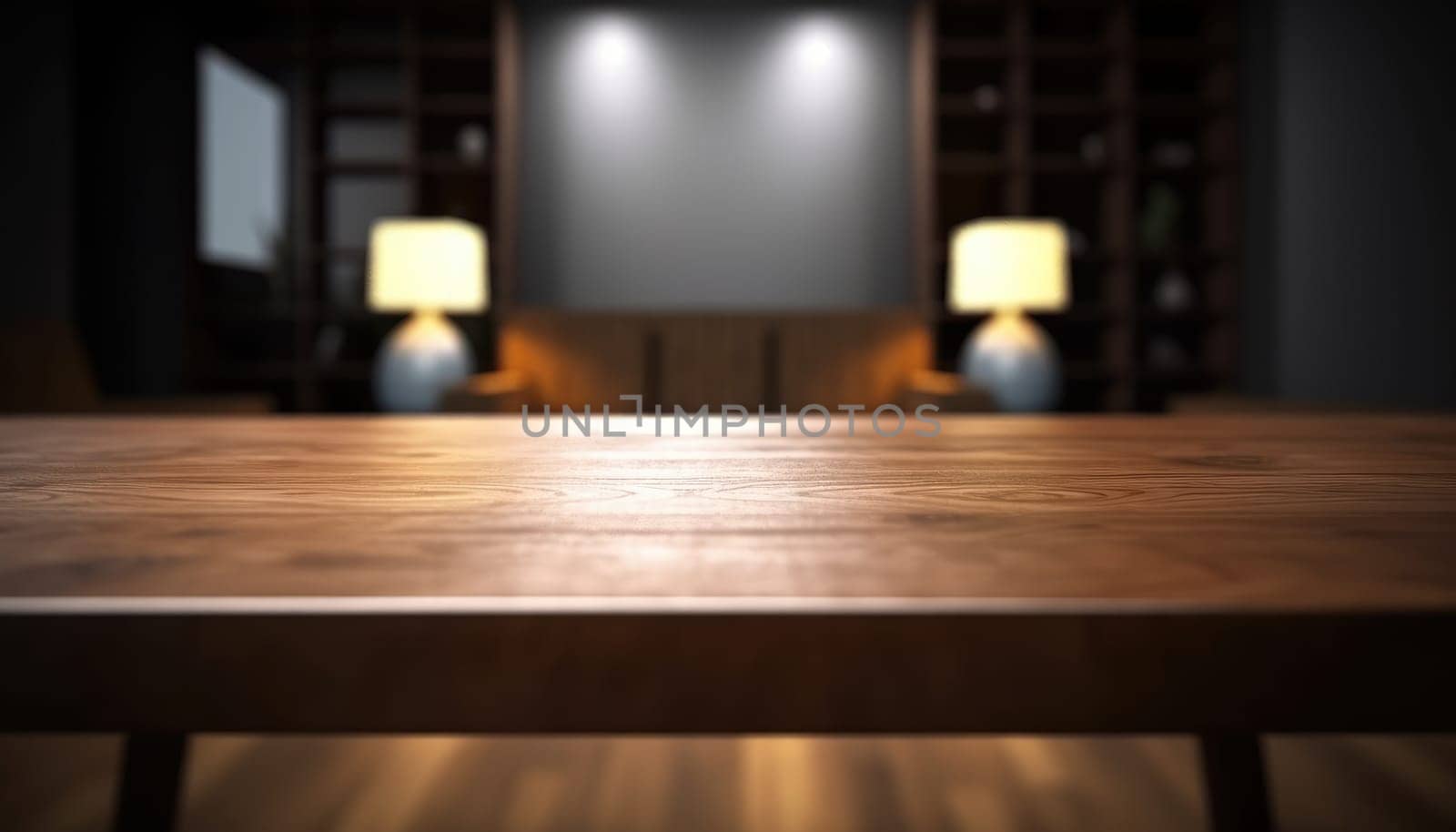 Dark rustic living room with empty table for product display. Generative AI.