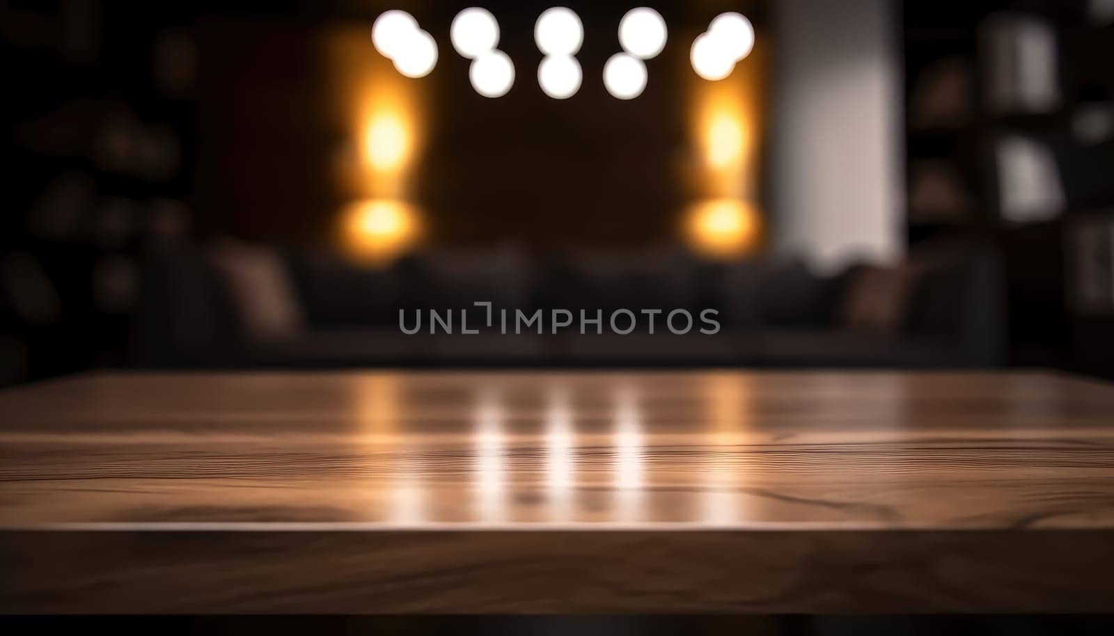 Dark rustic living room with empty table for product display. Generative AI.