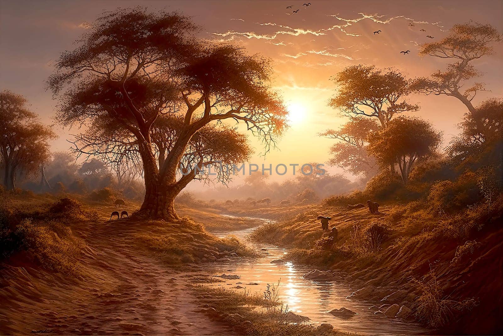 Wildlife of Africa, in the rays of the evening setting sun. The African savannah is a breathtaking landscape filled with tall acacia trees, lush grasses, and shrubs that surround streams and rivers. It's a perfect habitat for a variety of animals that roam freely along winding roads and paths, especially during stunning sunsets and sunny days. The nature reserve offers a chance to observe the flora and fauna, which stand out in the background of the red and brown colors of the evening, morning, and dawn. It's a perfect destination for tourism and travel, providing a glimpse of the beautiful outdoors and the sky above. This illustration captures the essence of the safari plain and pasture, showcasing the beauty of nature. Illustration AI.