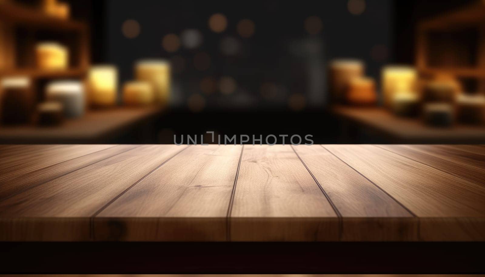 Dark rustic living room with empty table for product display. Generative AI.