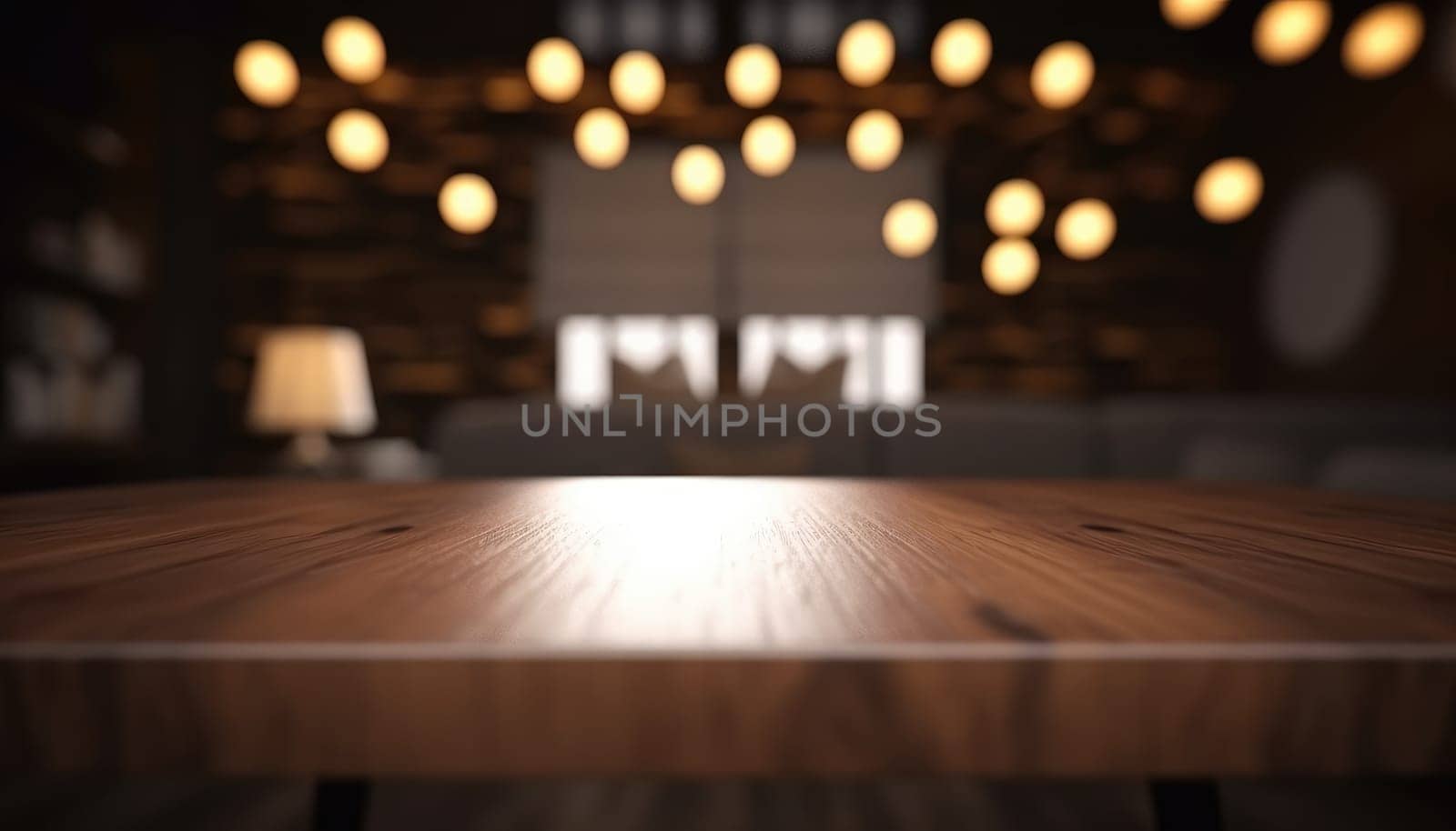 Dark rustic living room with empty table for product display. Generative AI.