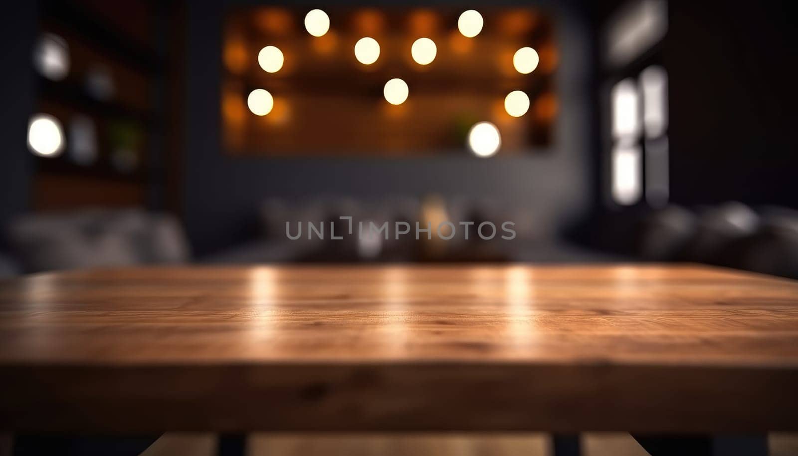 Dark rustic living room with empty table for product display. Generative AI.