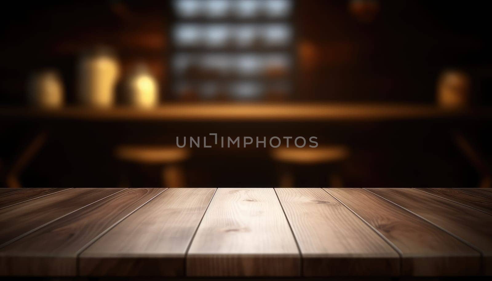 Dark rustic living room with empty table for product display. Generative AI.