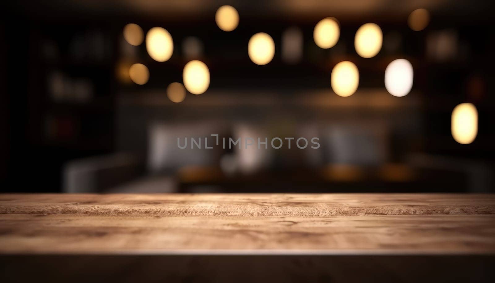 Dark rustic living room with empty table for product display. Generative AI.