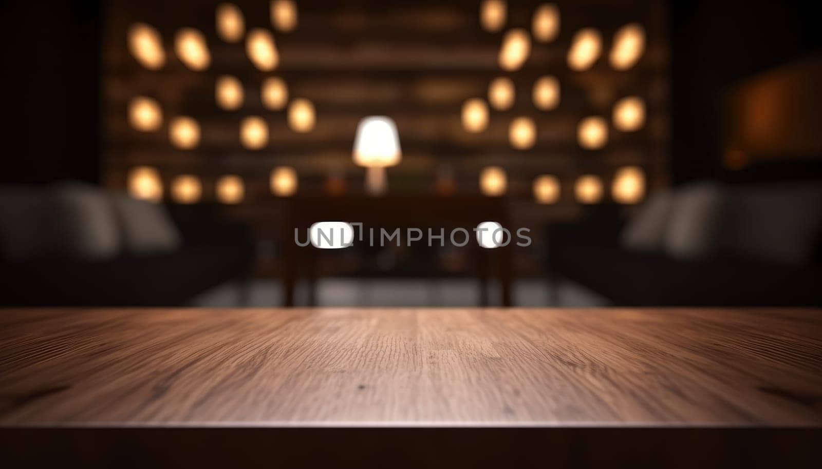 Dark rustic living room with empty table for product display. Generative AI.