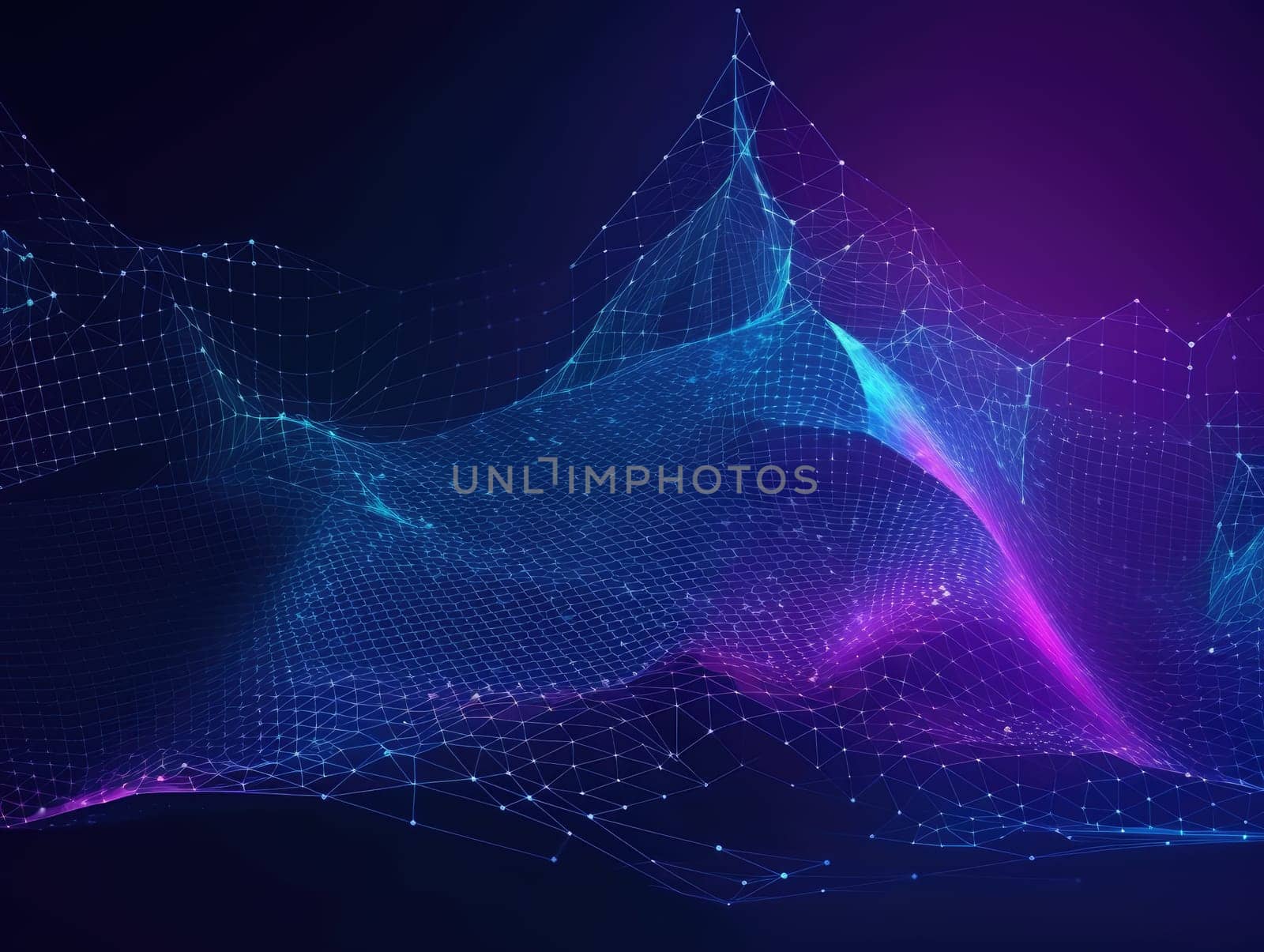 Blue particles wave background. Abstract dynamic mesh. Big data technology. Generative AI.