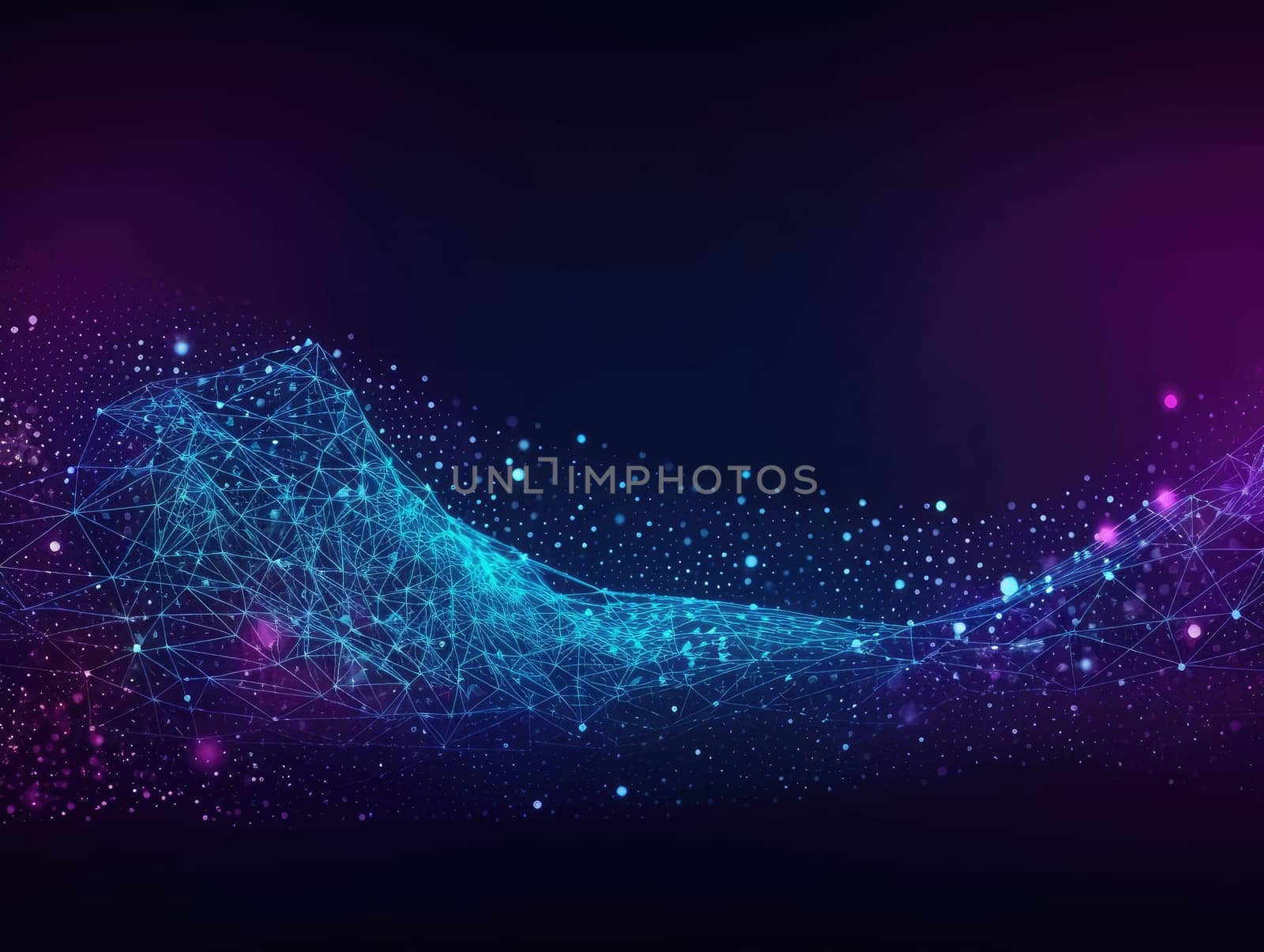 Blue particles wave background. Abstract dynamic mesh. Big data technology. Generative AI.