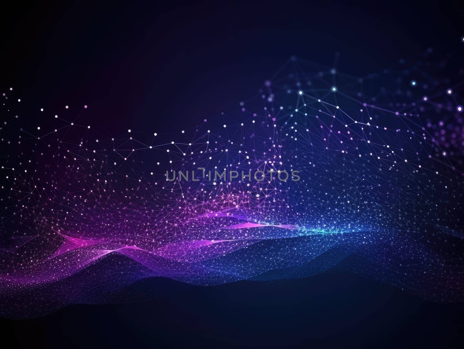 Blue particles wave background. Abstract dynamic mesh. Big data technology. Generative AI.