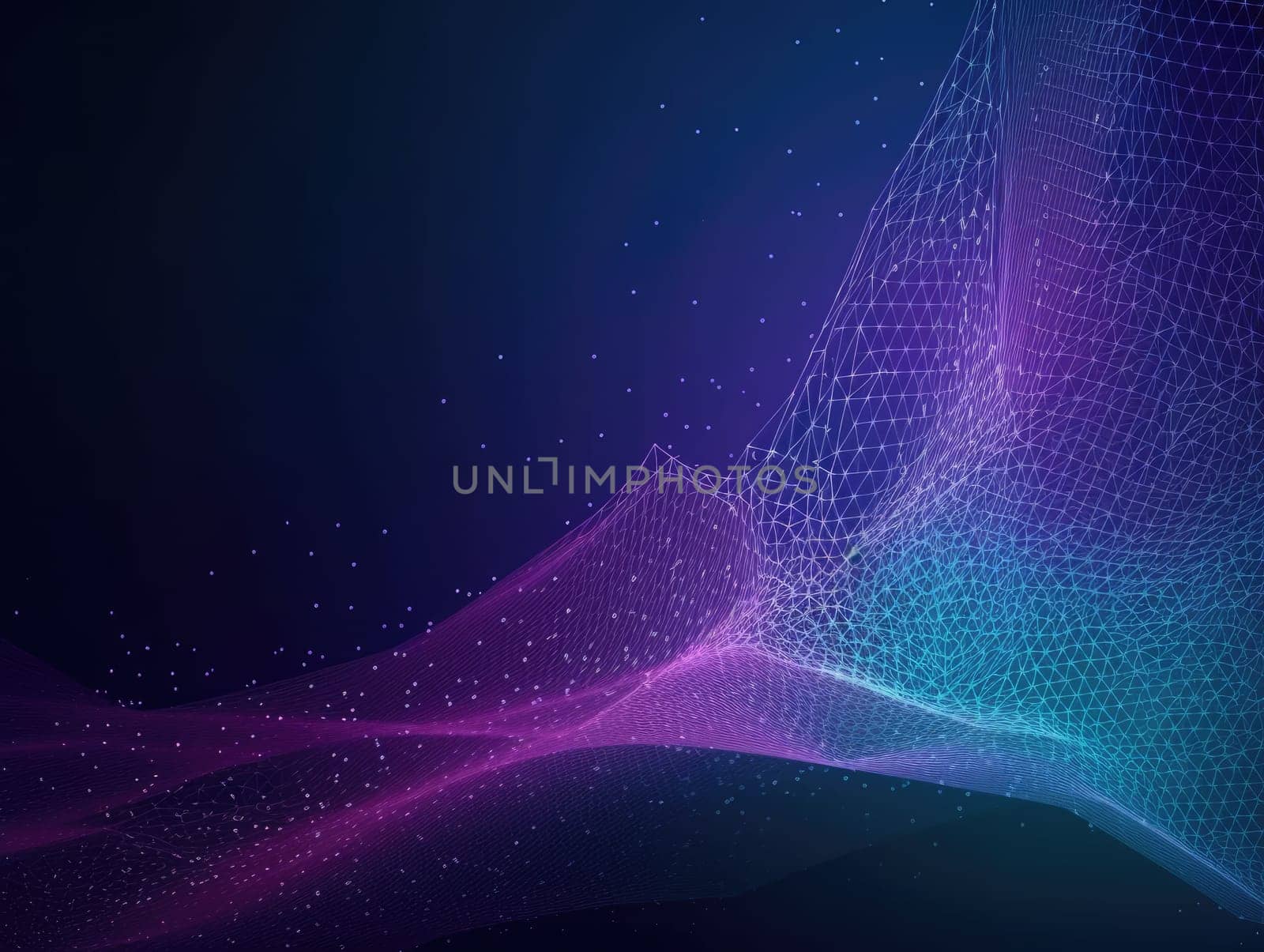Blue particles wave background. Abstract dynamic mesh. Big data technology. Generative AI.