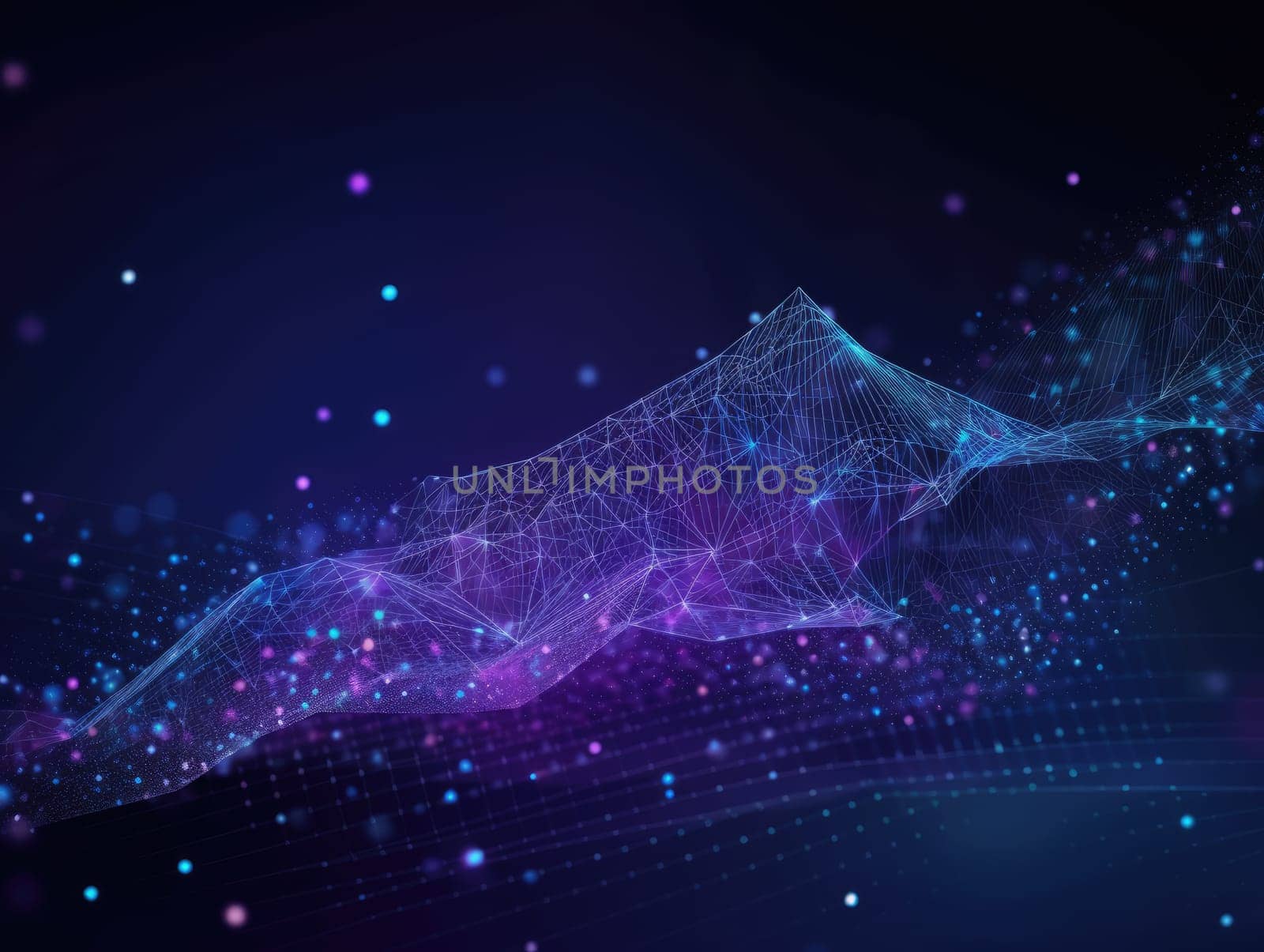 Blue particles wave background. Abstract dynamic mesh. Big data technology. Generative AI.