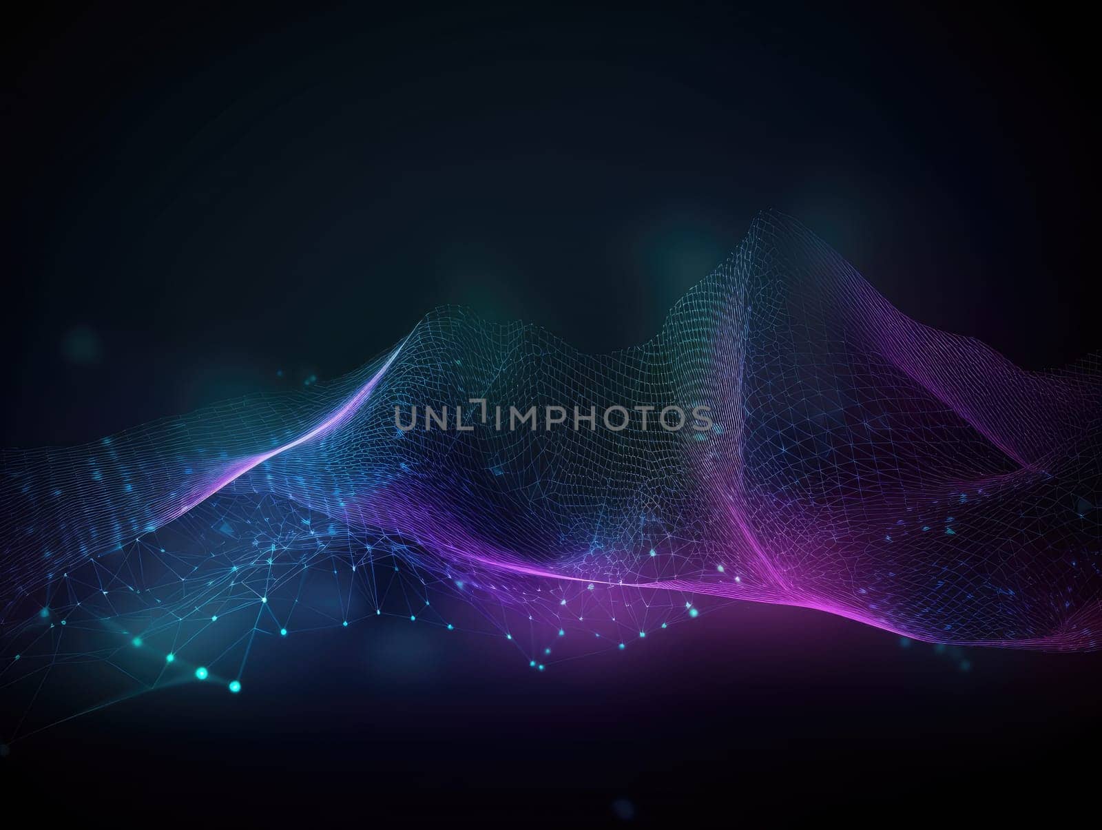Blue particles wave background. Abstract dynamic mesh. Big data technology. Generative AI.