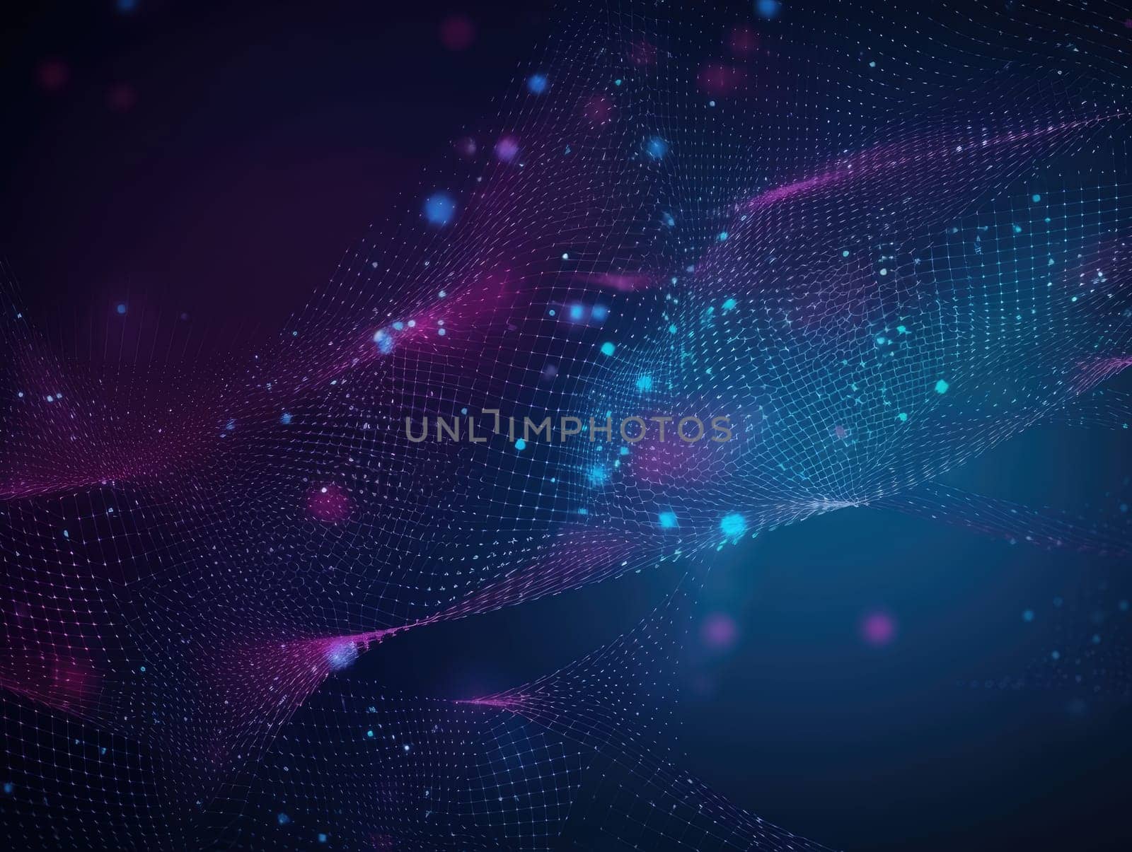 Blue particles wave background. Abstract dynamic mesh. Big data technology. Generative AI.