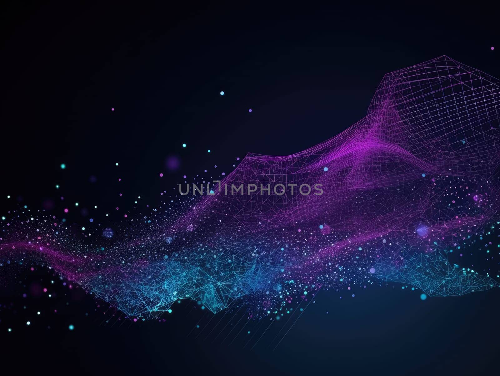 Blue particles wave background. Abstract dynamic mesh. Big data technology. Generative AI.