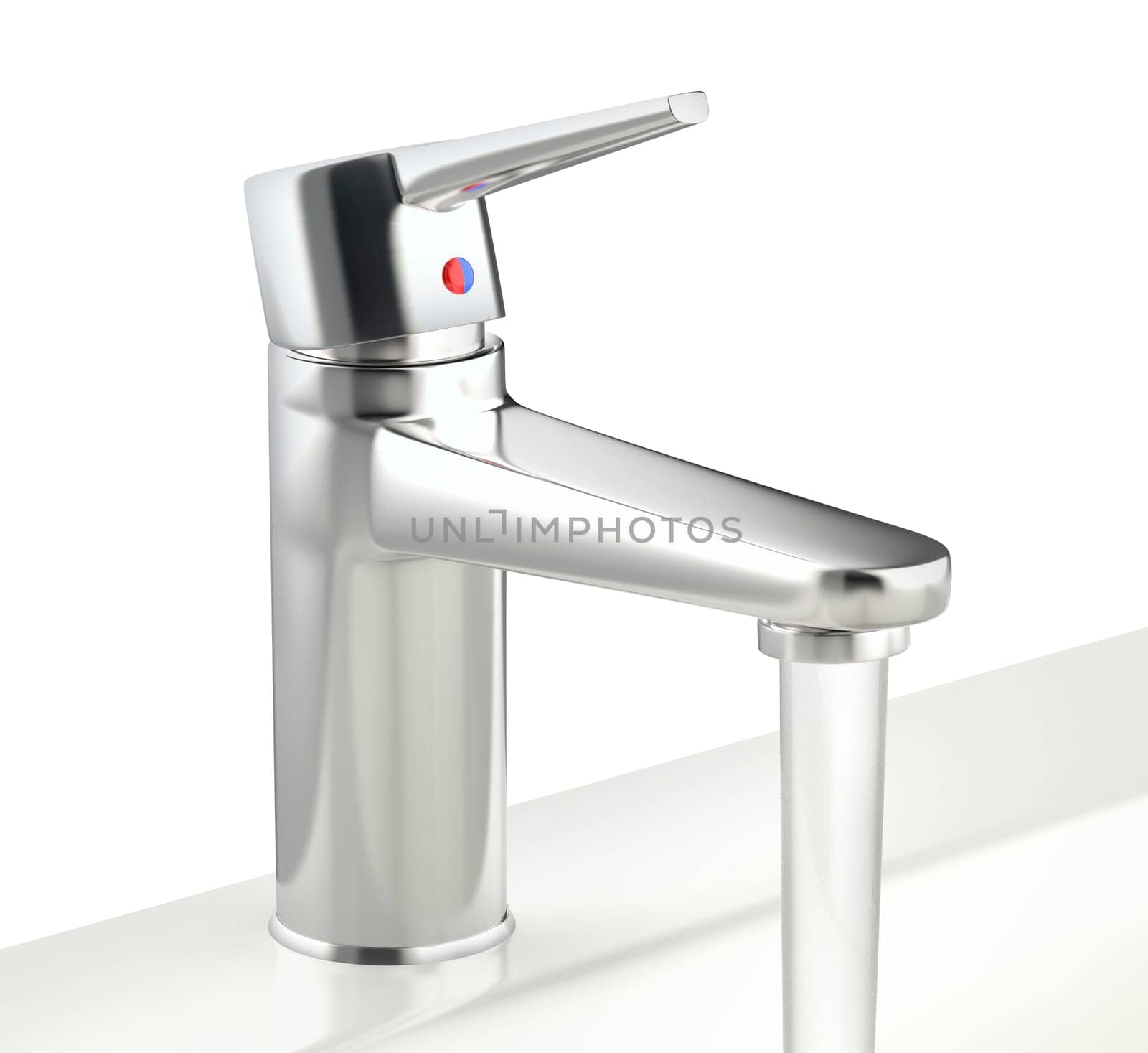 Stream of water flowing from silver tap in bathroom