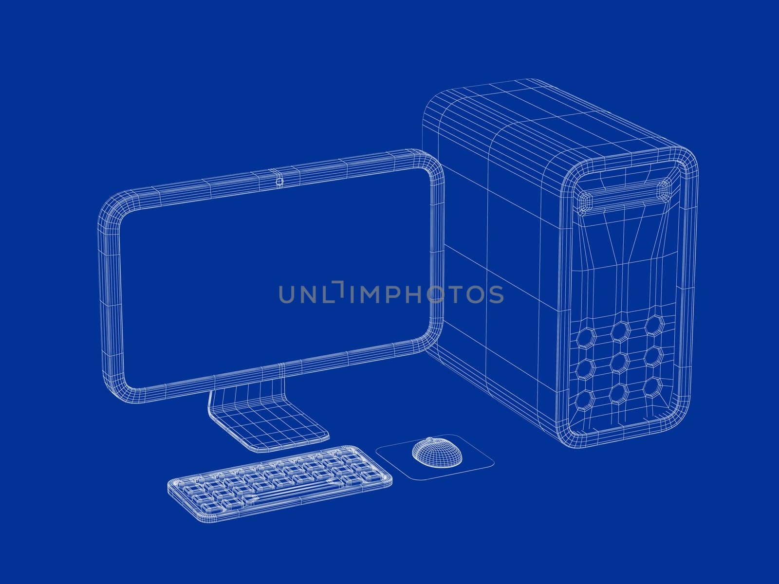 3D wire-frame model of simple desktop computer with monitor, keyboard and mouse