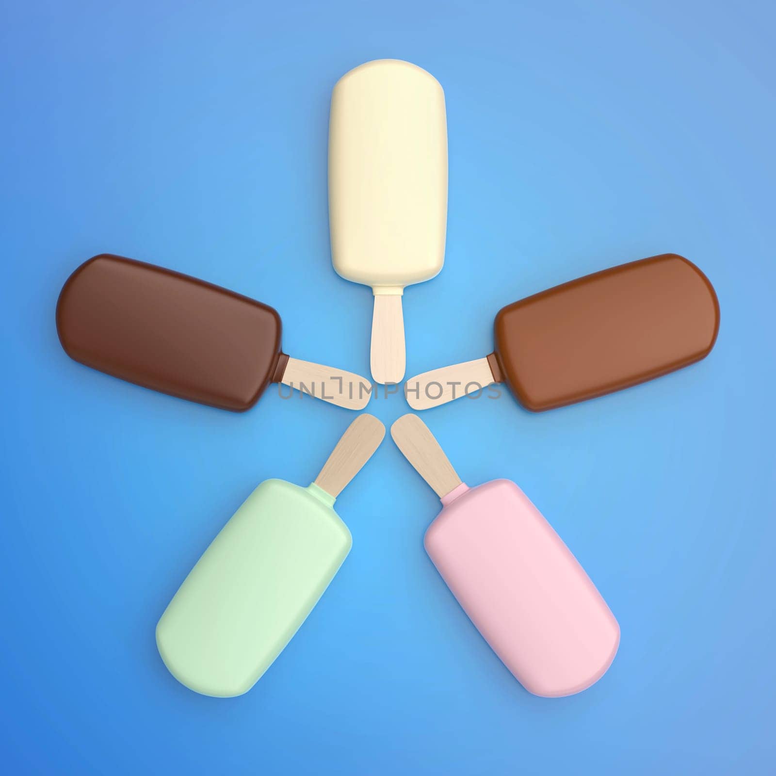 Five different chocolate ice creams on blue background