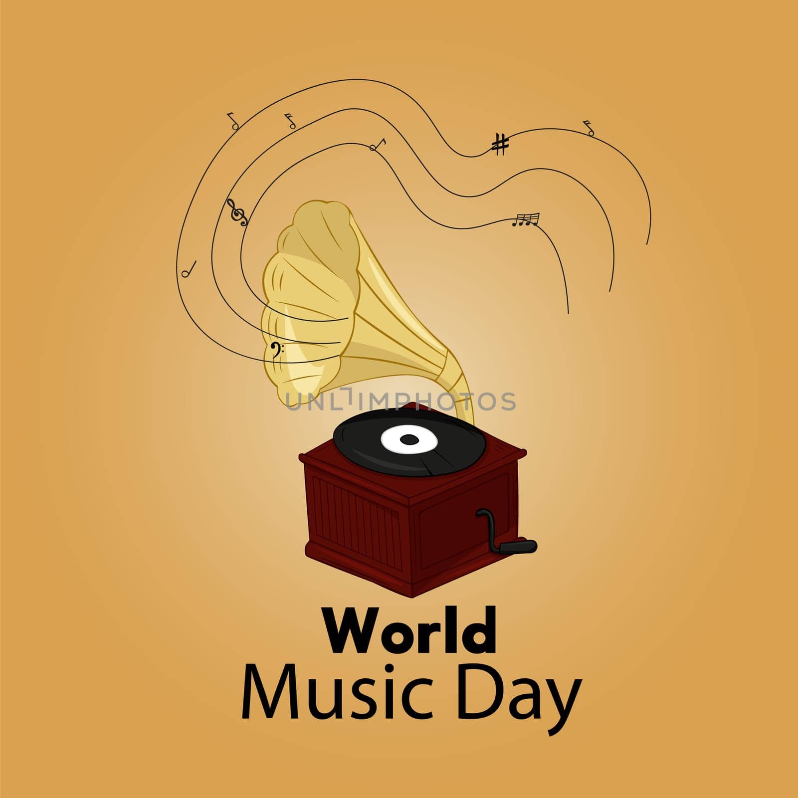 World Music Day with gramophone with vinyl recording on disc vector. Music Day Poster, June 21st