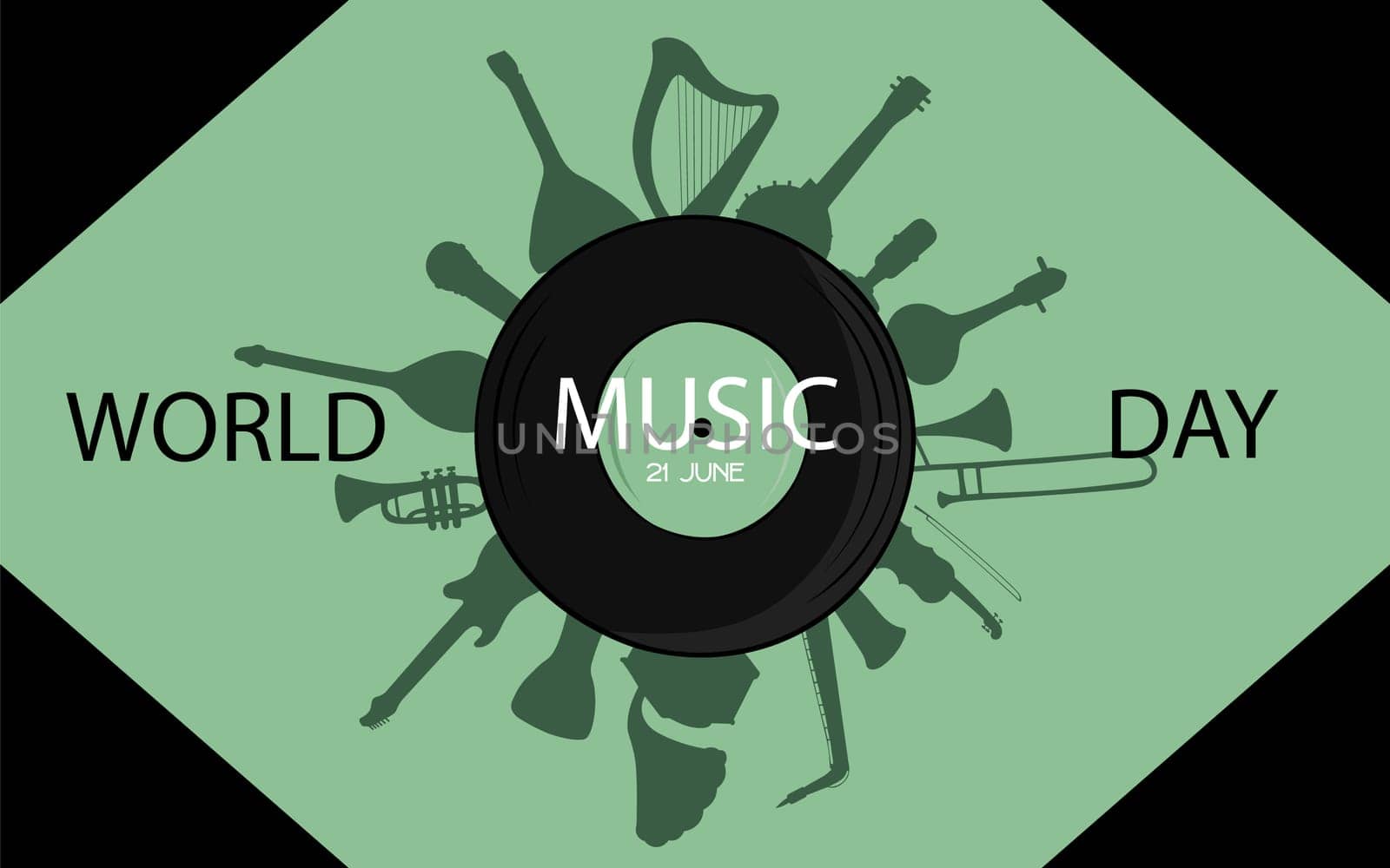 World Music Day with vinyl disc and Different musical instruments silhouette vector. Music Day Poster, June 21st
