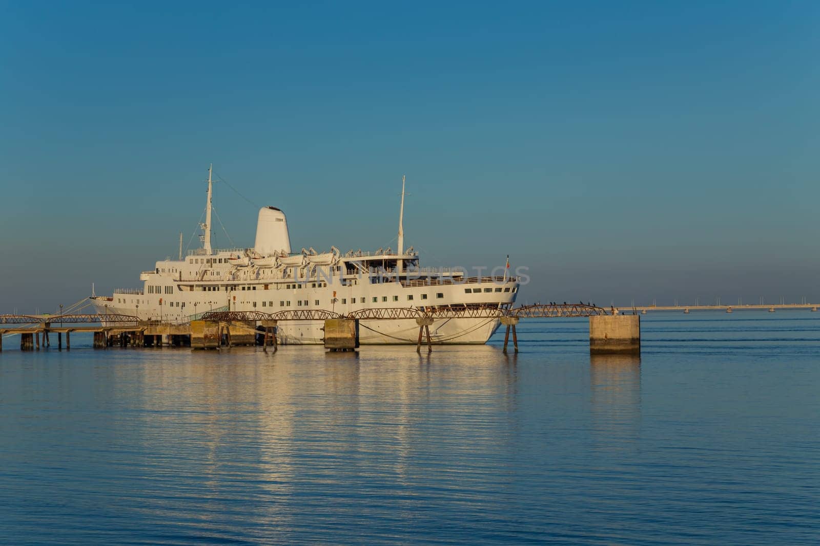 Lisbon, Portugal - February 3, 2022 - View of ship named Funchal (Paquete Funchal) in the pier cais da matinha