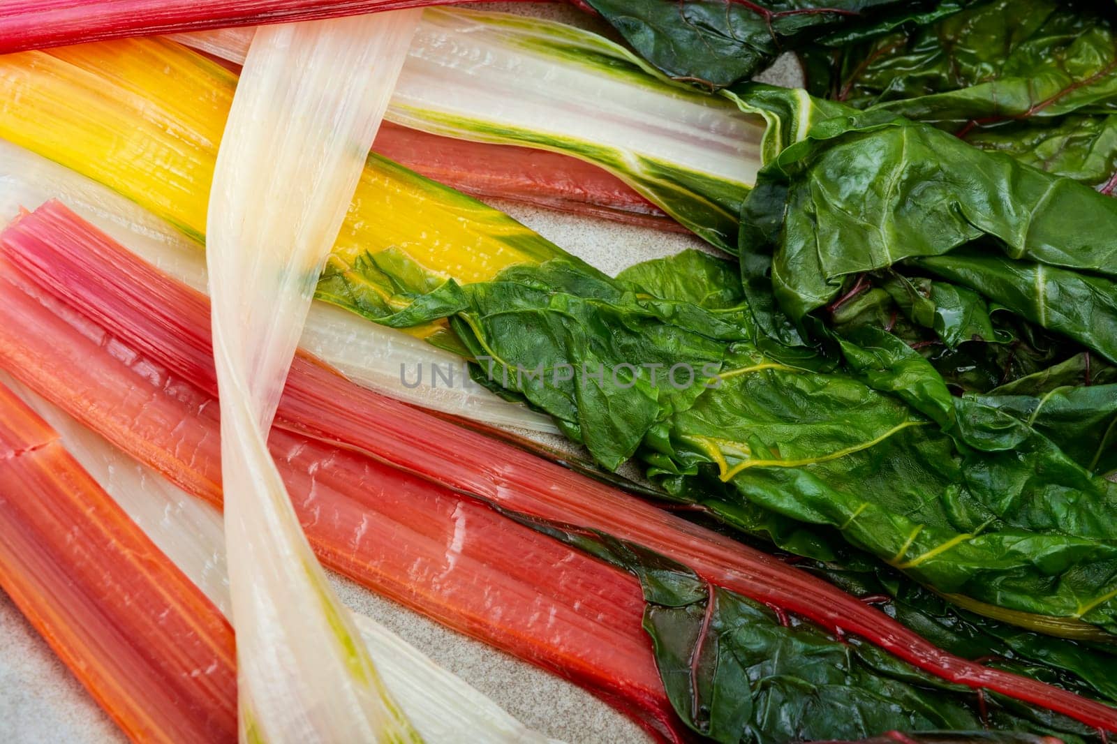 Tasty stewed colorful chard on a plate. Sauteed swiss chard. Close up