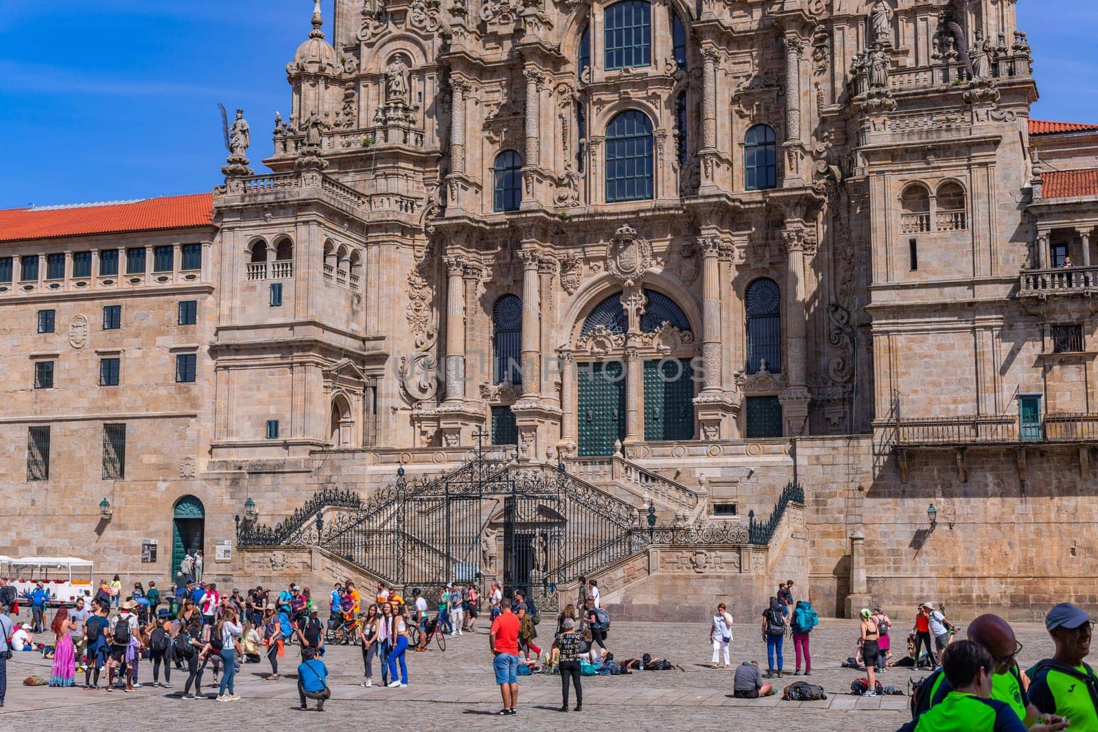 Santiago de Compostela, Spain: April 05, 2023. Main Square at the Cathedral of Santiago and Obradoiro Square. Tourists and pilgrims