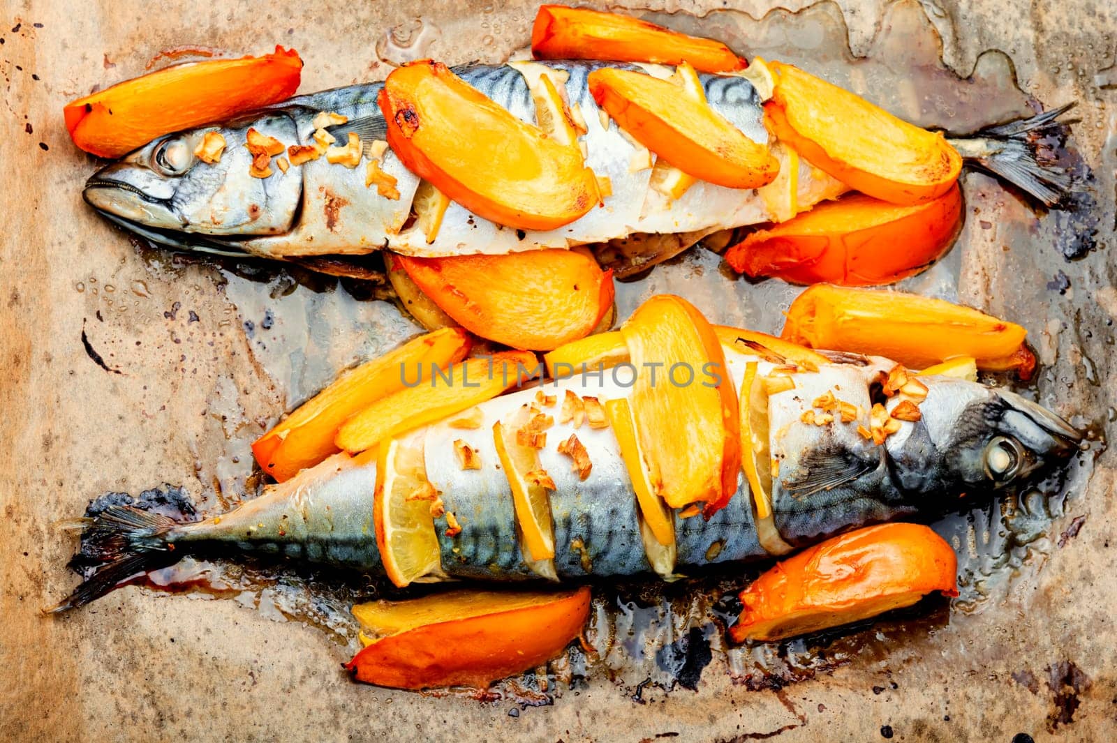 Appetizing mackerel fish grilled in persimmon fruit sauce. Food recipe
