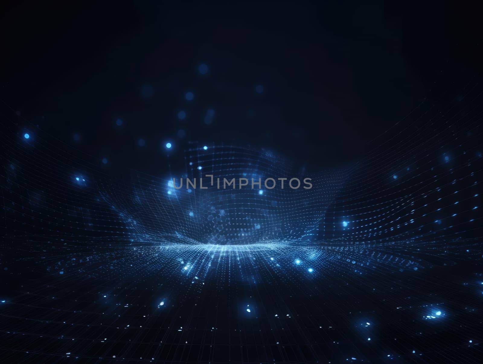 Blue particles wave background. Abstract dynamic mesh. Big data technology. Generative AI.