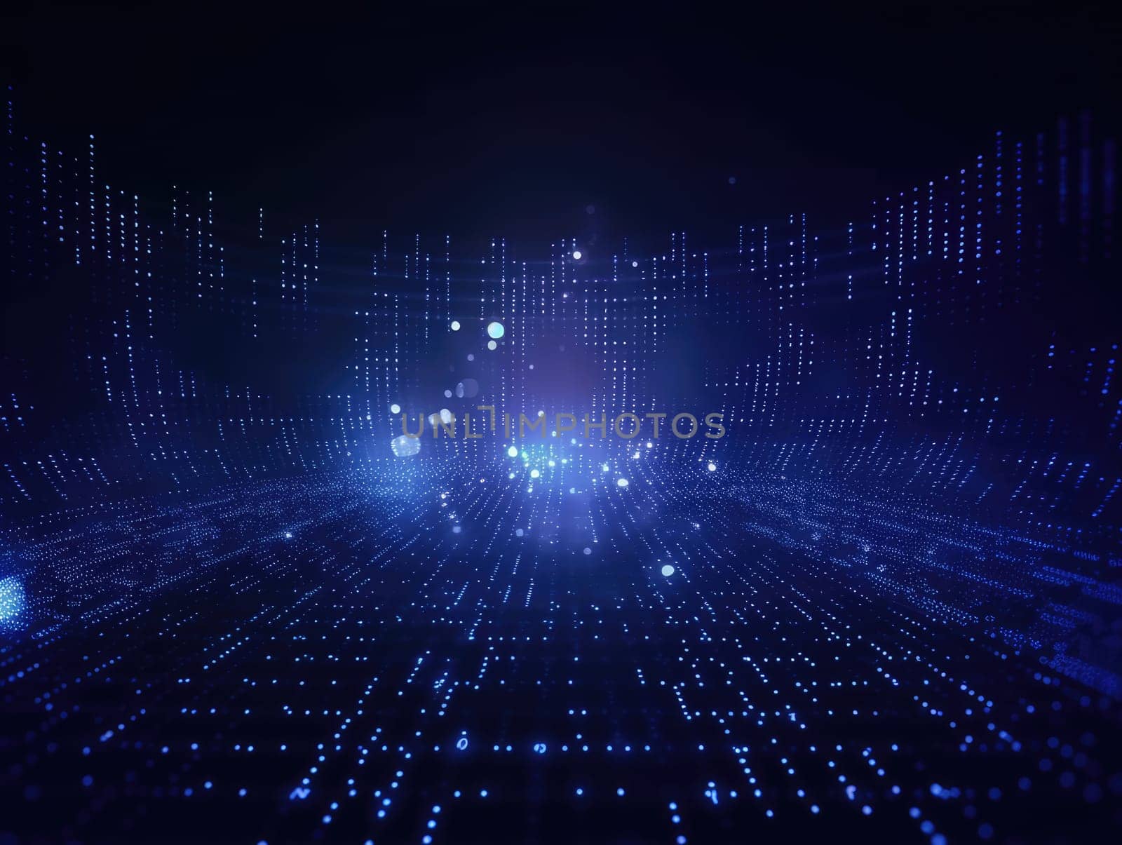 Blue particles wave background. Abstract dynamic mesh. Big data technology. Generative AI.
