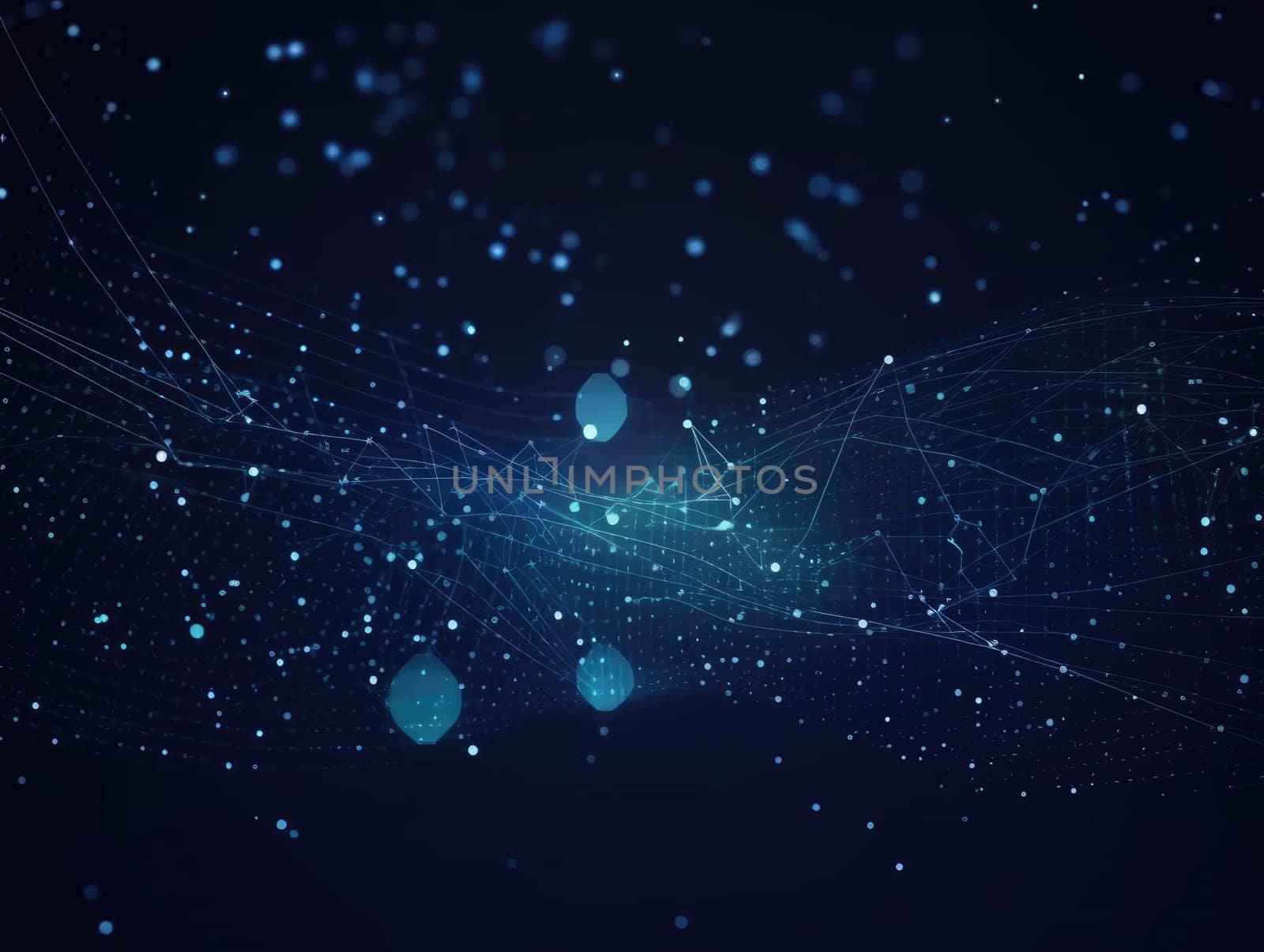 Blue particles wave background. Abstract dynamic mesh. Big data technology. Generative AI.