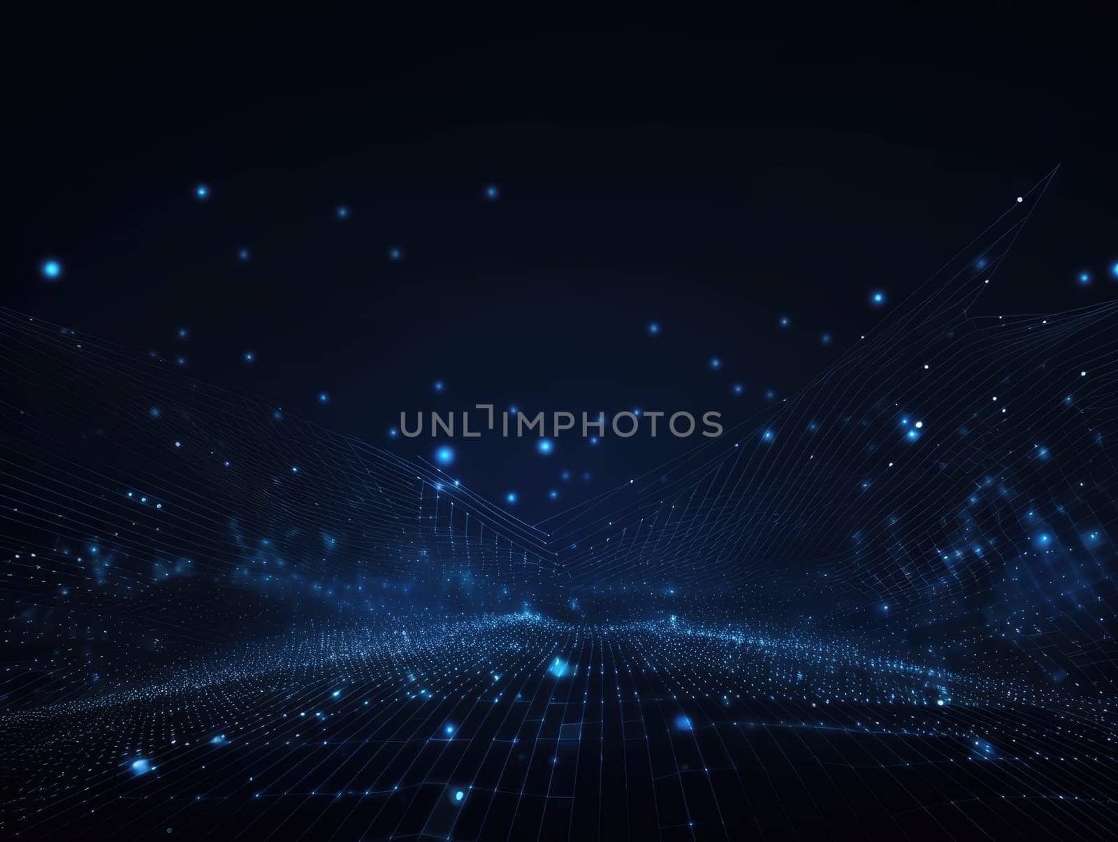 Blue particles wave background. Abstract dynamic mesh. Big data technology. Generative AI.