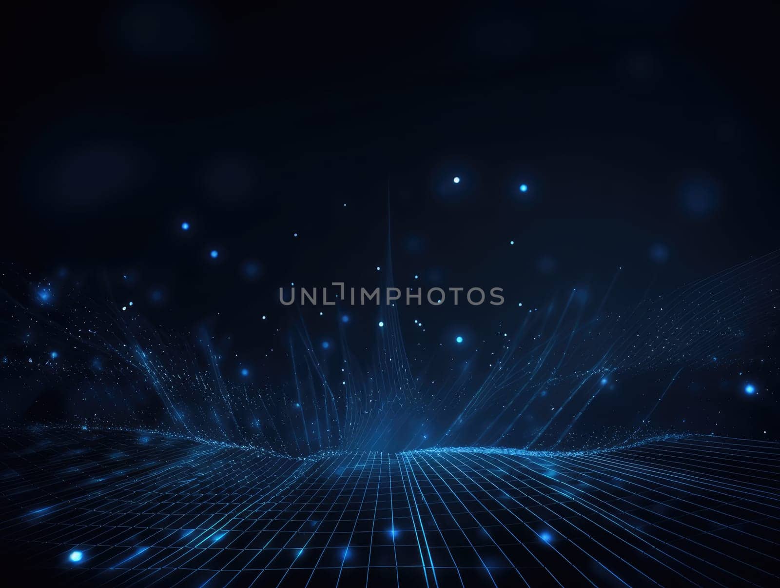 Blue particles wave background. Abstract dynamic mesh. Big data technology. Generative AI.
