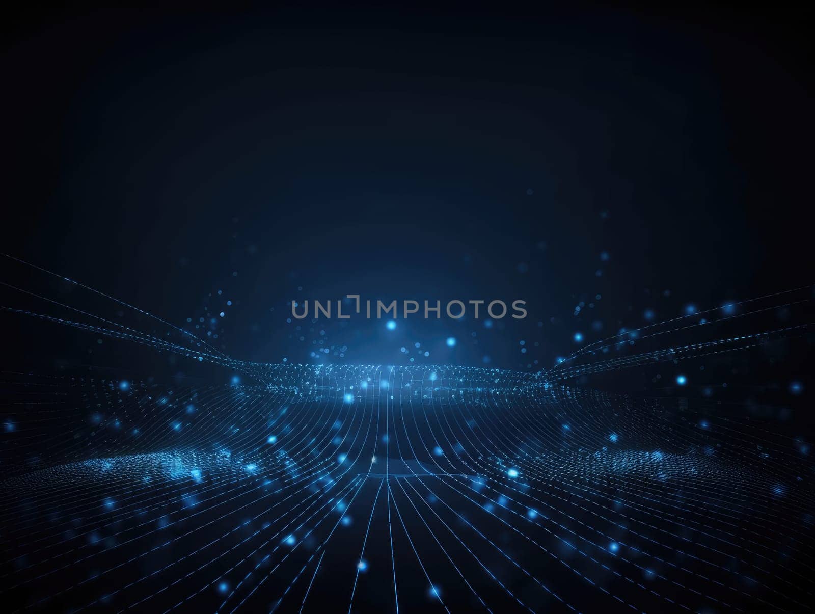 Blue particles wave background. Abstract dynamic mesh. Big data technology. Generative AI.