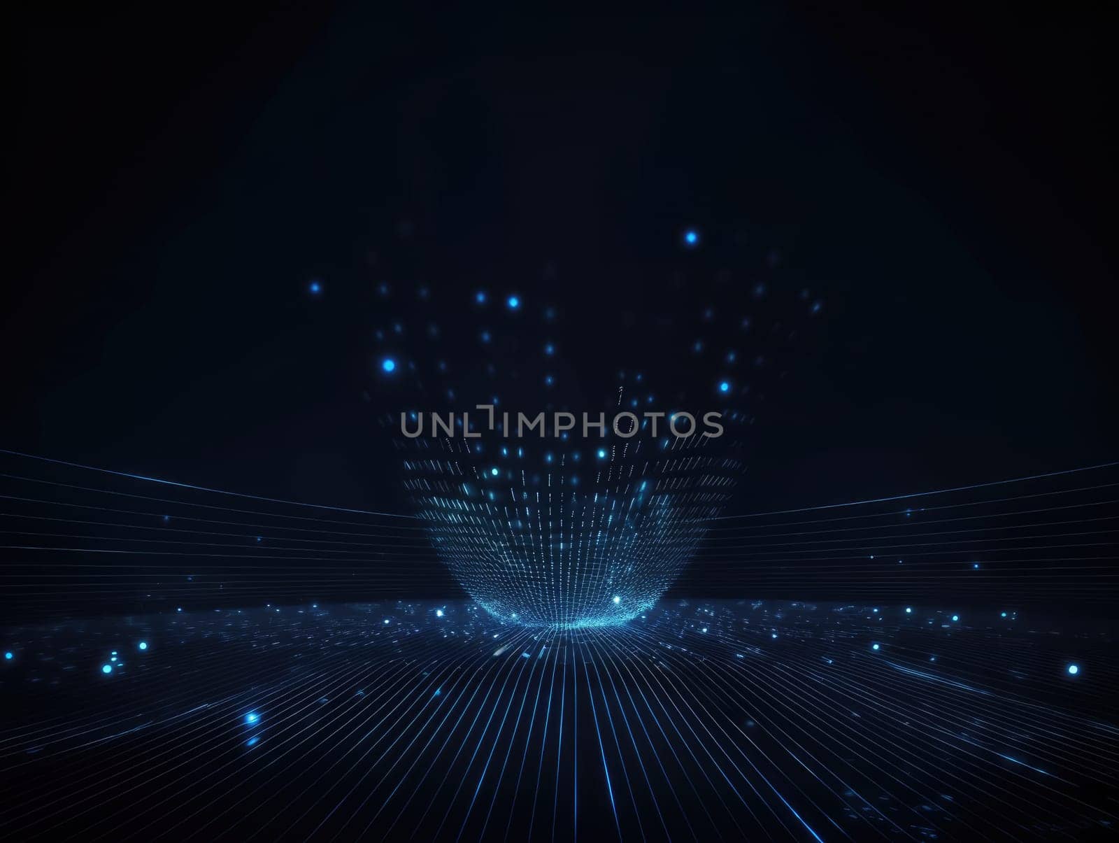 Blue particles wave background. Abstract dynamic mesh. Big data technology. Generative AI.