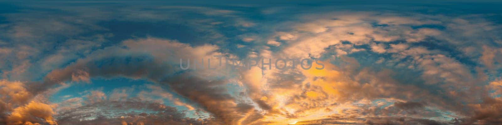 Bright sunset sky panorama with Cirrus clouds. Seamless hdr spherical equirectangular 360 panorama. Sky dome or zenith for 3D visualization, game and sky replacement for aerial drone 360 panoramas.