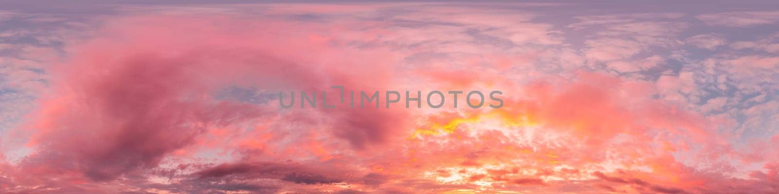 Bright sunset sky panorama with Cirrus clouds. Seamless hdr spherical equirectangular 360 panorama. Sky dome or zenith for 3D visualization, game and sky replacement for aerial drone 360 panoramas.