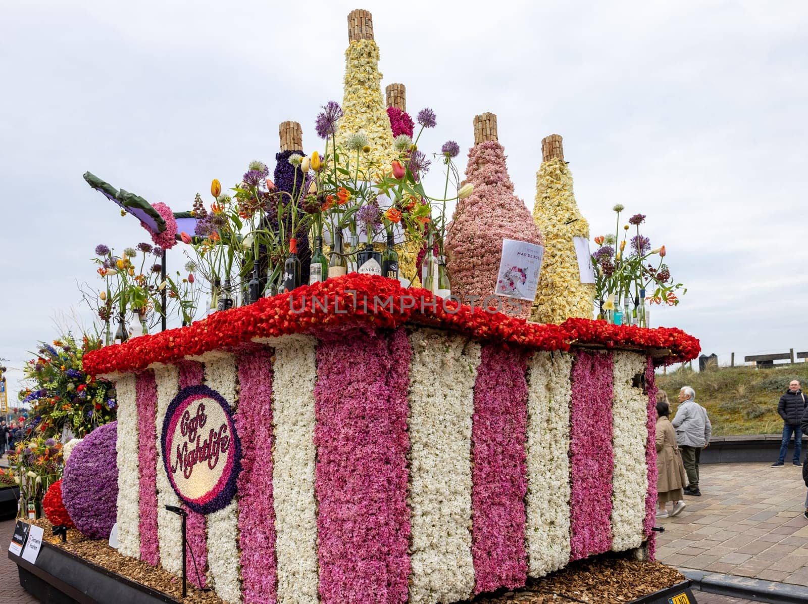 Noordwijk, Netherlands - April 22, 2023: Spectacular flower covered floats in the Bloemencorso Bollenstreek the annual spring flower parade from Noordwijk to Haarlem in the Netherlands.