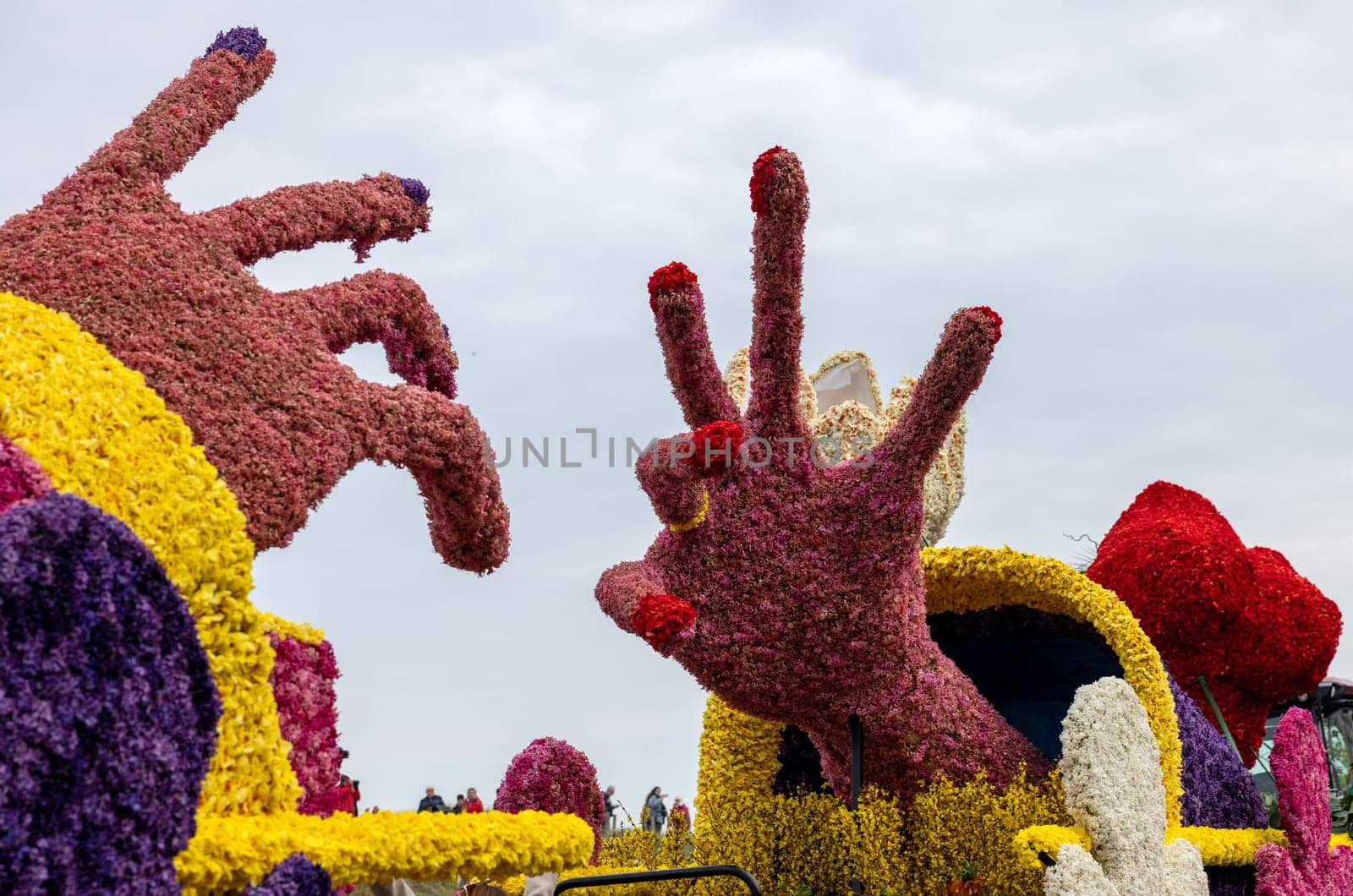 Noordwijk, Netherlands - April 22, 2023: Spectacular flower covered floats in the Bloemencorso Bollenstreek the annual spring flower parade from Noordwijk to Haarlem in the Netherlands.